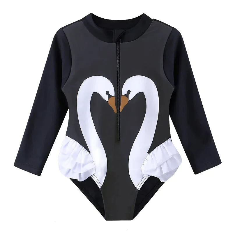 Kids swimwear Long-sleeved swimsuit for girls from newborn to 6 years old, Black Swan brand, with UPF 50+ protection.