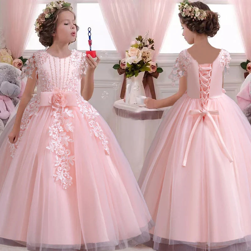 Elegant Princess Party Dress for Girls, Ages 4-12, with Embroidery.