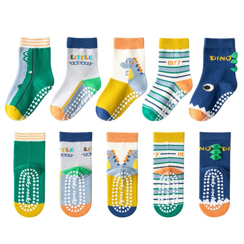 Set of 5 Pairs of Kids Cotton Socks – Non-slip – Various Themes