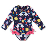 Long-sleeved swimsuit for girls from newborn to 6 years old, with underwater theme and UPF50+ sun protection.