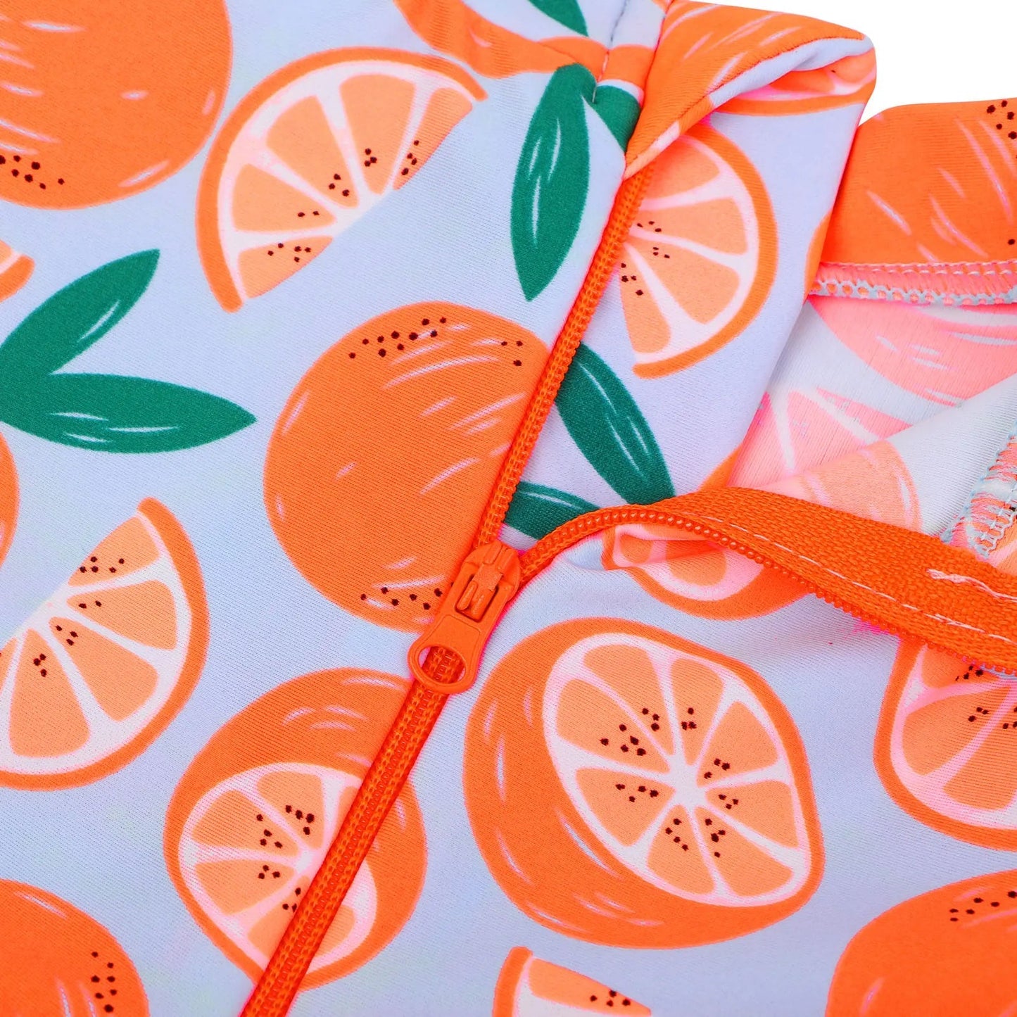 Long-sleeved swimsuit for girls from newborn to 6 years old, orange, with UPF 50+ protection. Kids UV clothing.