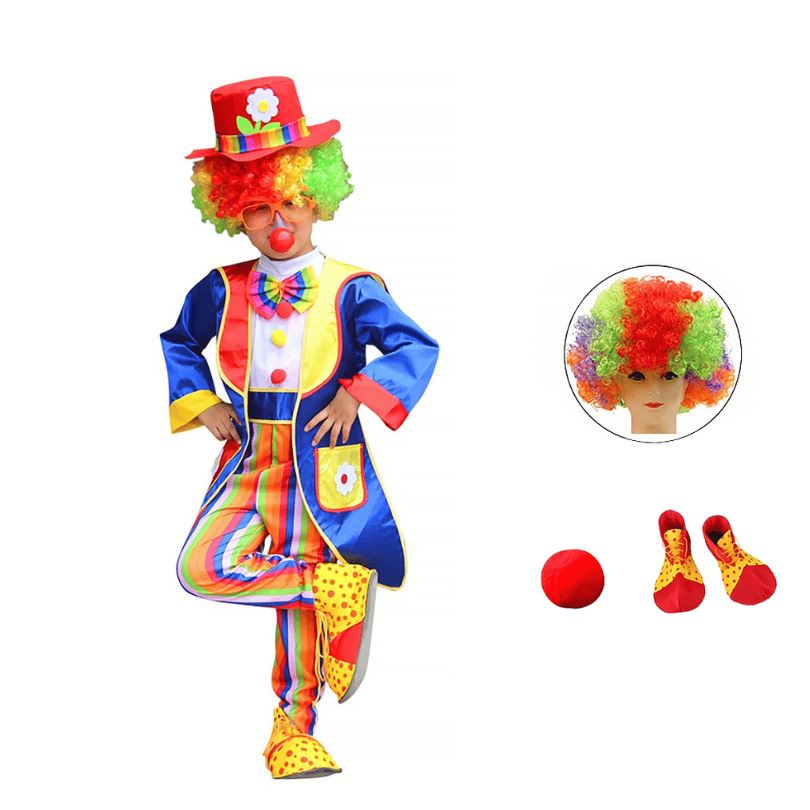 Fantasia Palhaço Infantil Azul com Calça Listrada Colorida e Acessórios