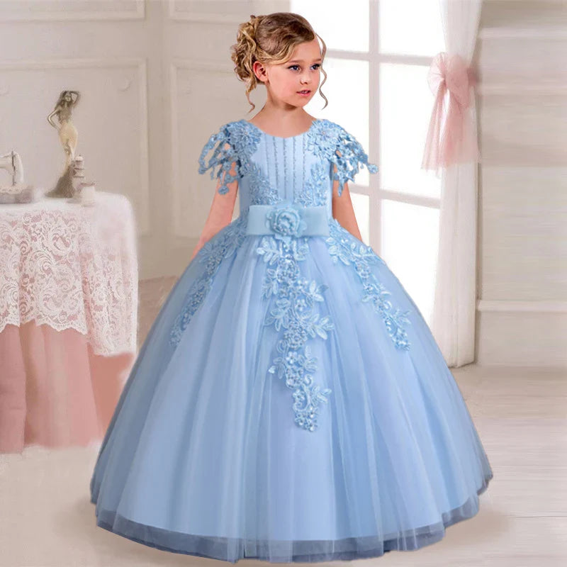 Elegant Princess Party Dress for Girls, Ages 4-12, with Embroidery.
