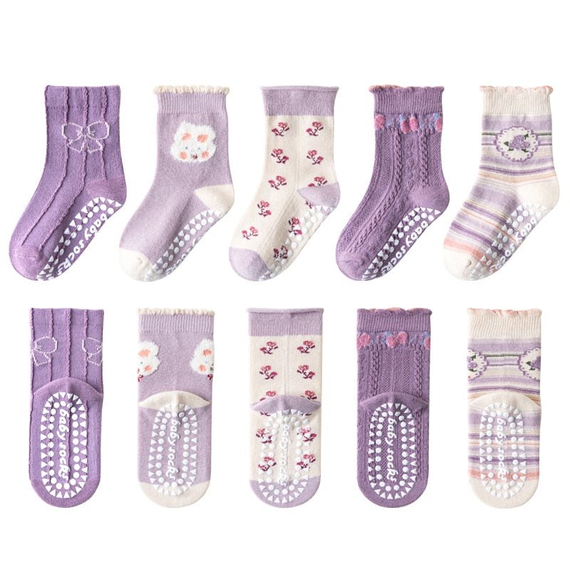 Set of 5 Pairs of Kids Cotton Socks – Non-slip – Various Themes