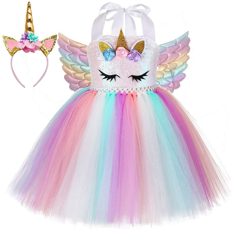 Colorful Unicorn Costume Dress with Tiara and Wings – Kids