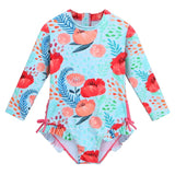 Long-sleeved swimsuit for girls from newborn to 6 years old, with underwater theme and UPF50+ sun protection.