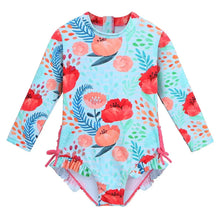 Upload image to gallery viewer, Long-sleeved swimsuit for girls from newborn to 6 years old, with underwater theme and UPF50+ sun protection.

