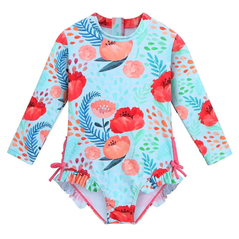 Long-sleeved swimsuit for girls from newborn to 6 years old, with red floral print and UPF50+.