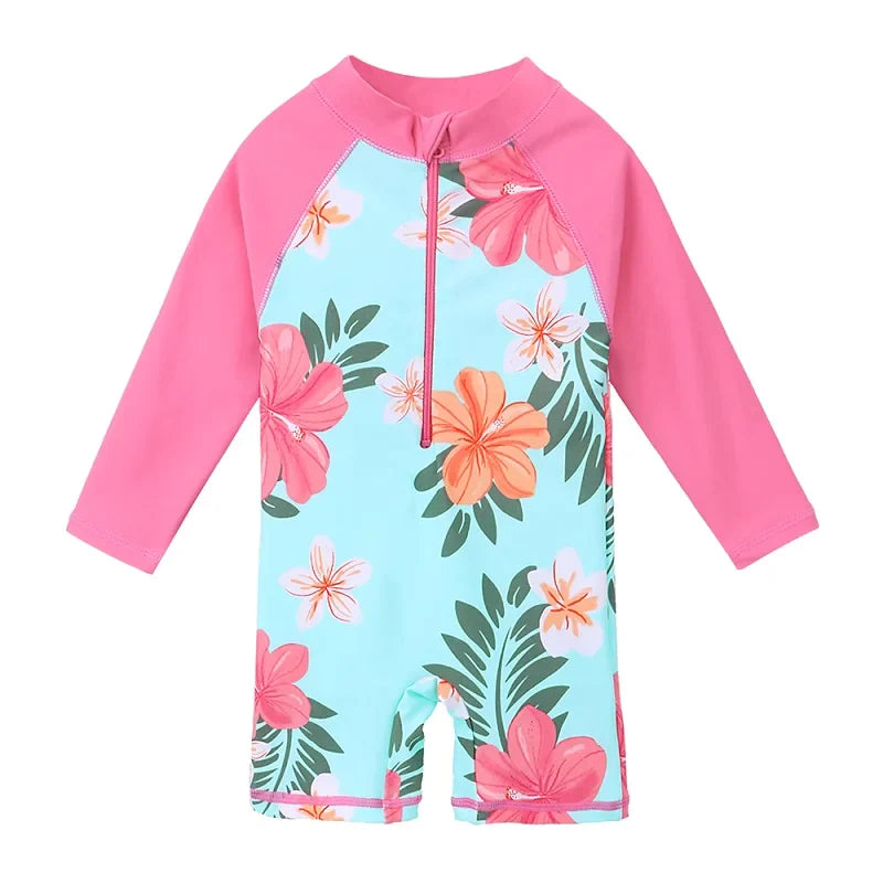 Long-sleeved swimsuit for girls aged 1 month to 6 years, light pink with floral print and UPF 50+ protection. Kids UV clothing.