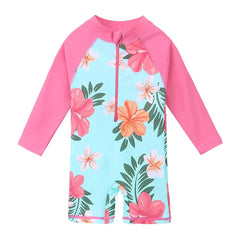 Maiô Manga Longa para Meninas de 1 mês a 6 Anos Rosa Claro com Estampa Floral e Proteção FPU50+ Roupa UV infantil