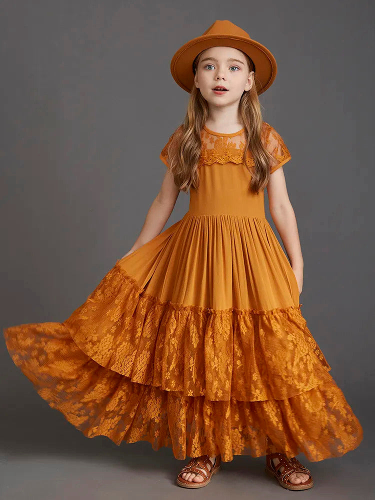 Vestido de Renda de Manga Curta Infantil