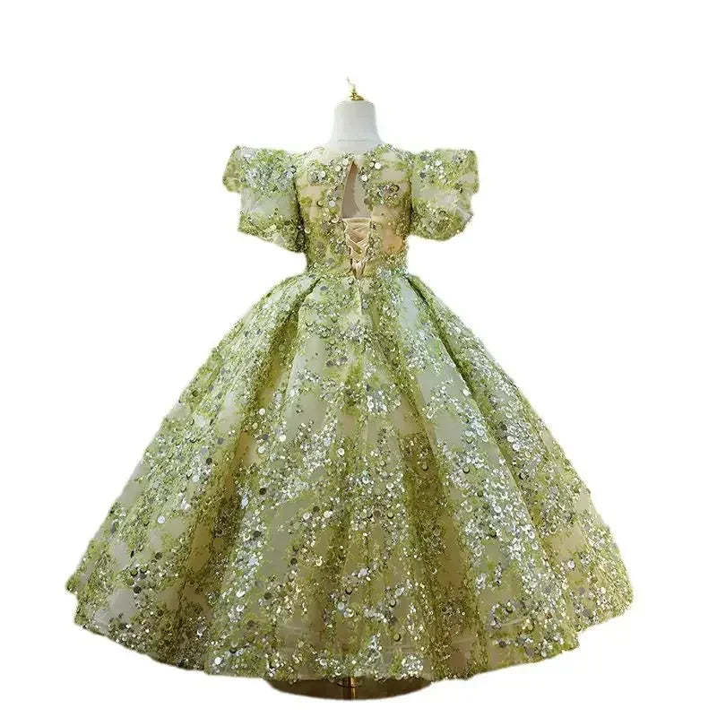 Luxury Princess Party Dress for Girls, Elegant, for Weddings, First Communion, with puff sleeves and sequin embroidery.