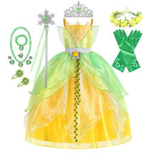 Carregar imagem no visualizador da galeria, Vestido Fantasia Princesa Tiana Super Luxo Infantil com Acessórios - A princesa e o Sapo
