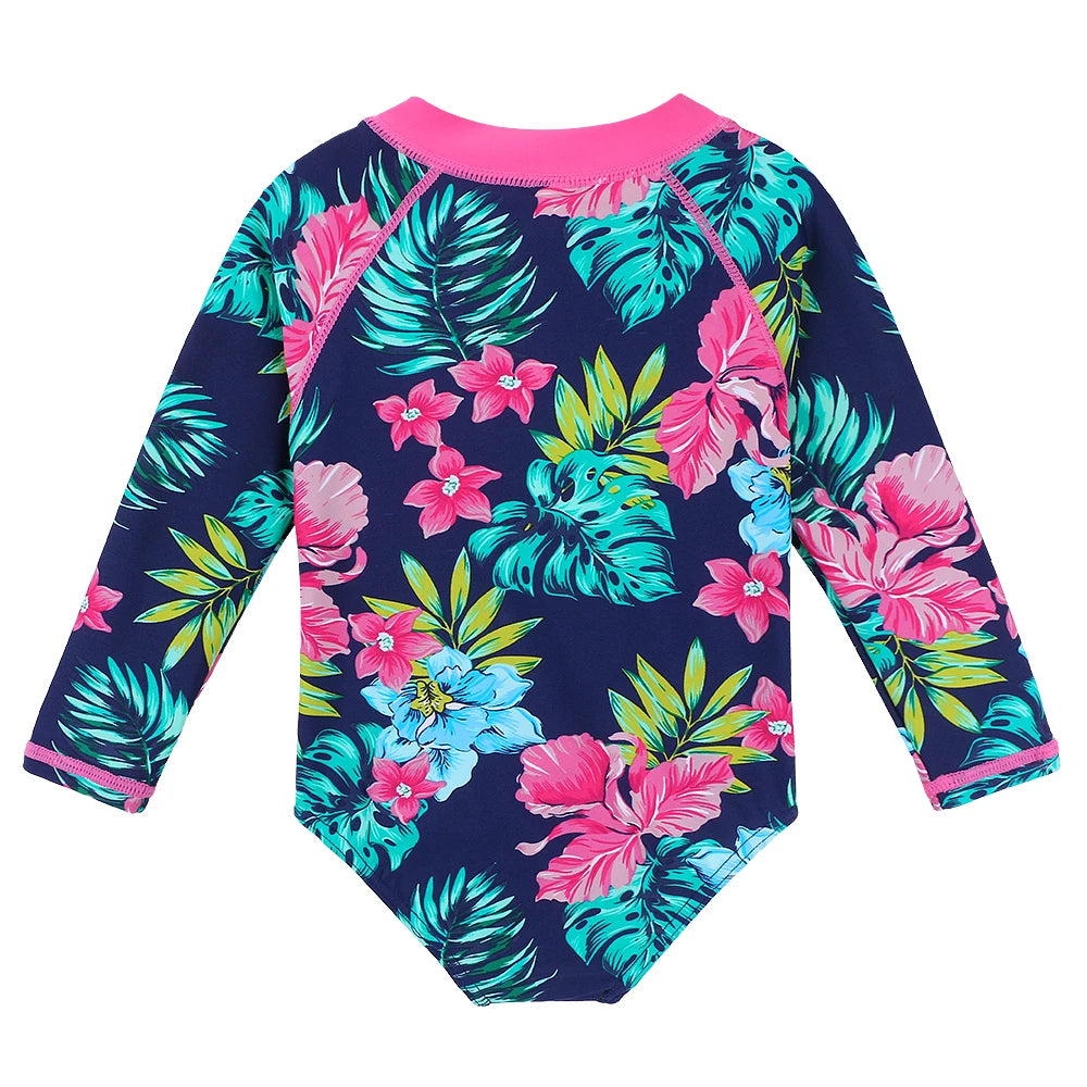 Kids swimwear, long-sleeved swimsuit for girls from newborn to 6 years old, beachwear with UPF 50+ protection.
