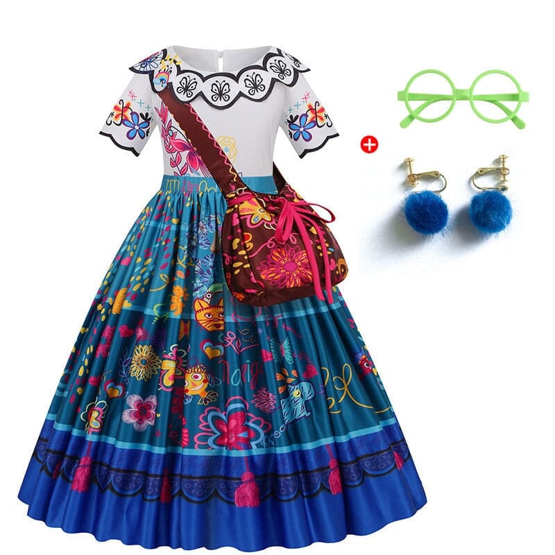 Vestido Fantasia Mirabel Madrigal - Encanto - Bolsa + Óculos + Brinco (02)