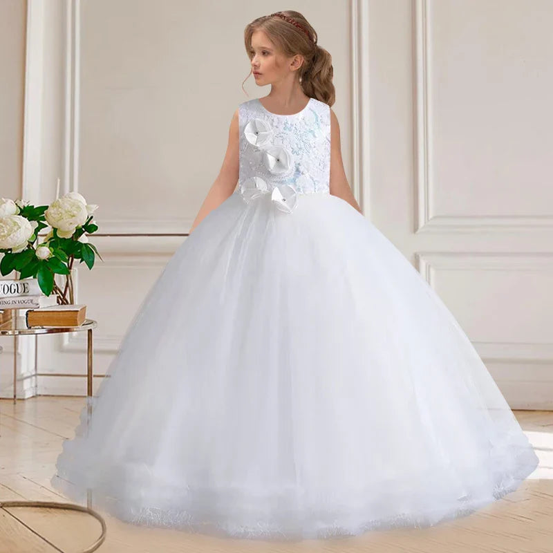 Luxury Kids party dress, sleeveless, with flowers and sequin embroidery.