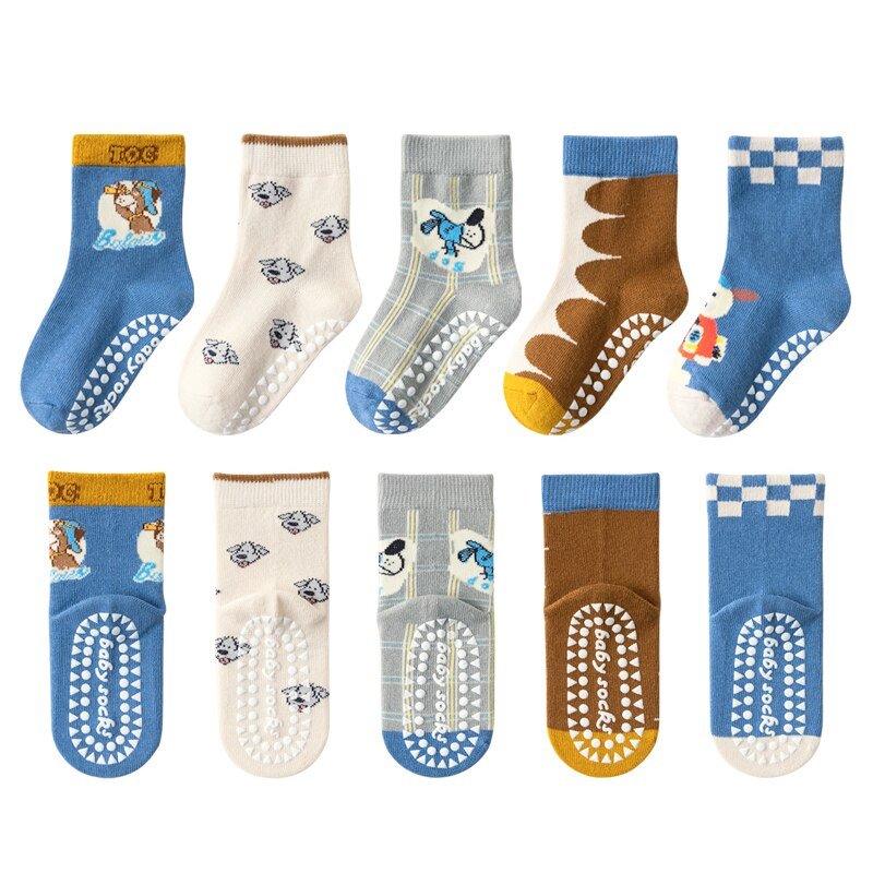 Set of 5 Pairs of Kids Cotton Socks – Non-slip – Various Themes