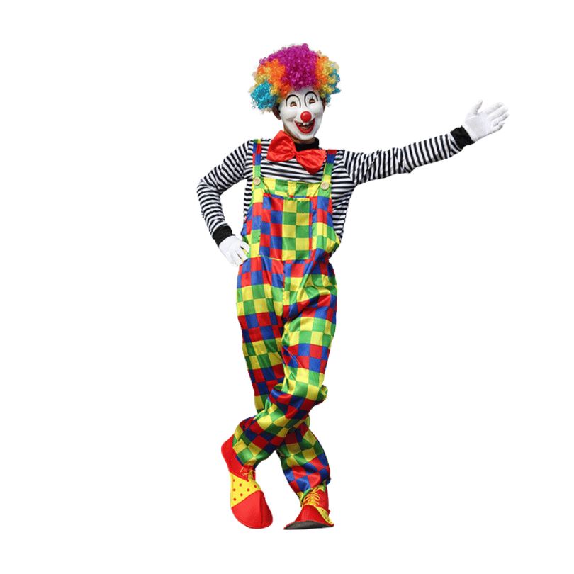 Adult Striped Clown Cosplay Costume with Colorful Plaid Jumpsuit