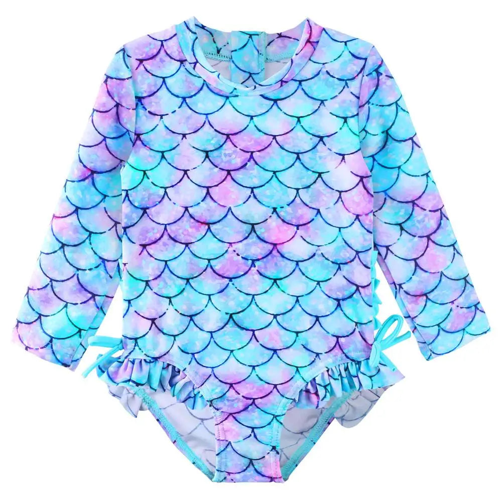 Long-sleeved swimsuit for girls from newborn to 6 years old, with underwater theme and UPF50+ sun protection.
