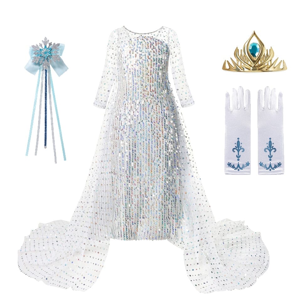 Frozen Elsa Costume Dress with Sequins – White with Accessories
