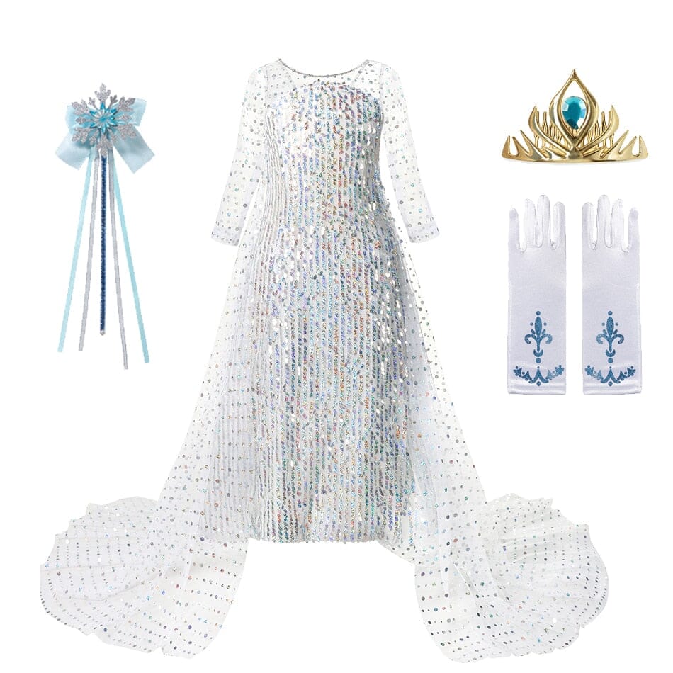 Vestido Fantasia Frozen Elsa Com Lantejoulas - Branco Com Acessórios