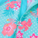 Long-sleeved swimsuit for girls aged 1 month to 6 years, blue floral design, with UPF 50+ protection. Kids UV clothing.