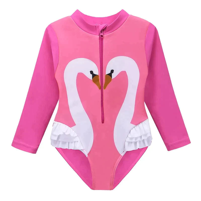 Long-sleeved swimsuit for girls from newborn to 6 years old, with pink swan design and UPF50+ protection.