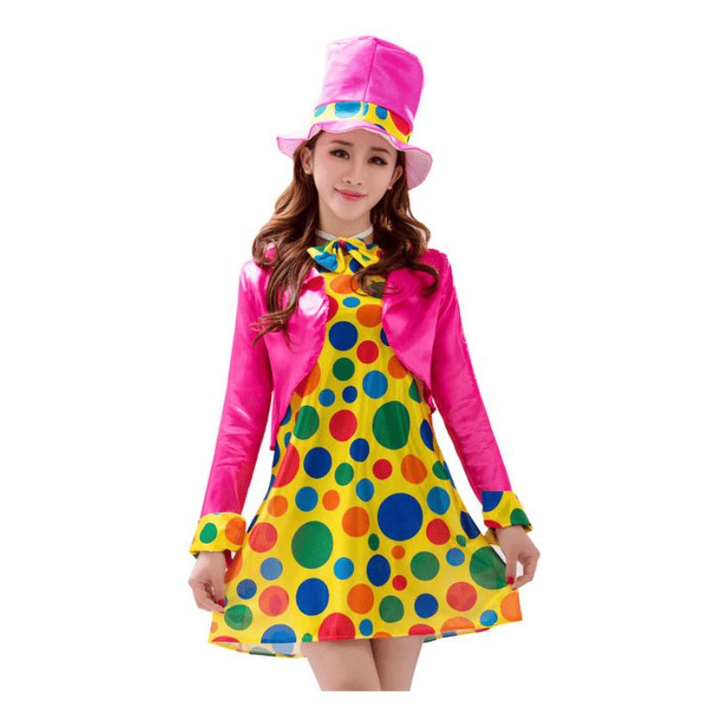 Adult Pink Clown Cosplay Costume with Yellow Polka Dot Dress