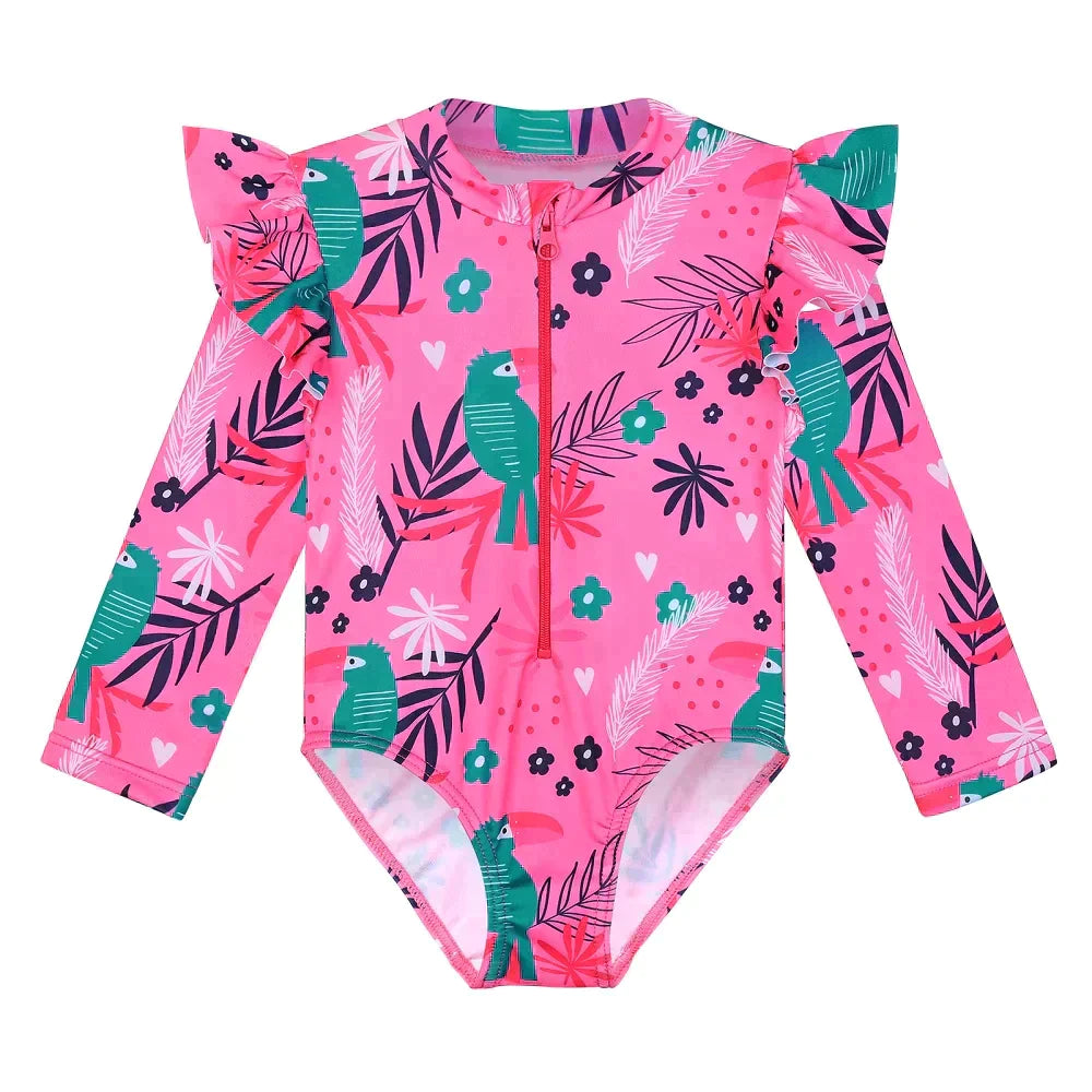 Long-sleeved swimsuit for girls from newborn to 6 years old, in Forest Pink, with UPF50+.