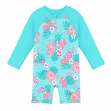 Long-sleeved swimsuit for girls aged 1 month to 6 years, blue floral design, with UPF 50+ protection. Kids UV clothing.