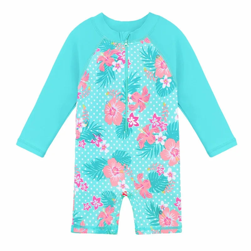 Long-sleeved swimsuit for girls aged 1 month to 6 years, blue floral design, with UPF 50+ protection. Kids UV clothing.