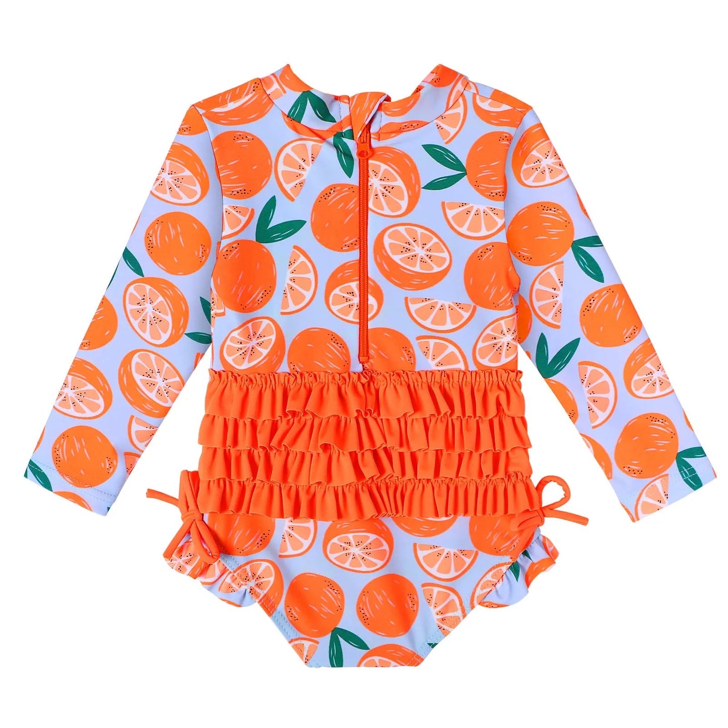 Long-sleeved swimsuit for girls from newborn to 6 years old, orange, with UPF 50+ protection. Kids UV clothing.