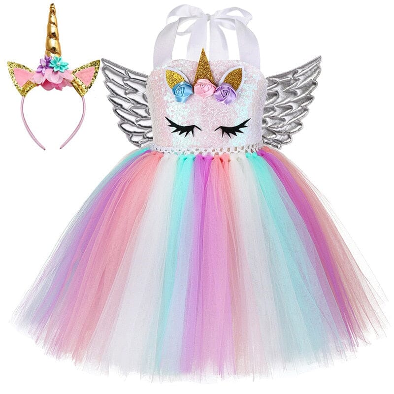 Unicorn Costume Dress with Tiara and Silver Wings – Kids