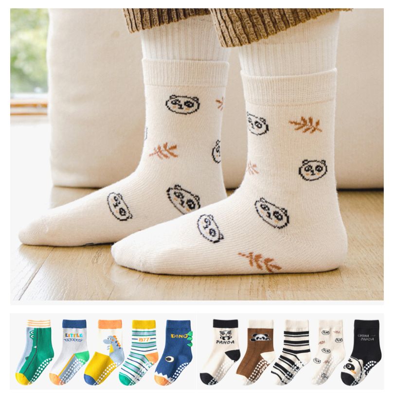 Set of 5 Pairs of Kids Cotton Socks – Non-slip – Various Themes