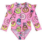Long-sleeved swimsuit for girls from newborn to 6 years old, with underwater theme and UPF50+ sun protection.