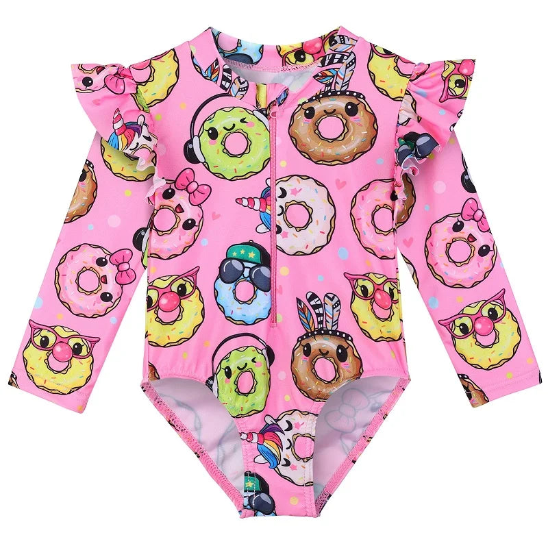 Long-sleeved swimsuit for girls from newborn to 6 years old, with underwater theme and UPF50+ sun protection.