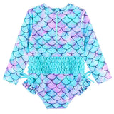 Long-sleeved mermaid swimsuit for girls aged newborn to 6 years with UPF 50+.