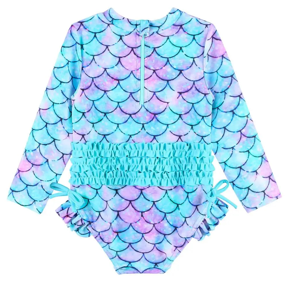 Long-sleeved mermaid swimsuit for girls aged newborn to 6 years with UPF 50+.