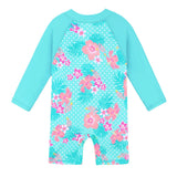Long-sleeved swimsuit for girls aged 1 month to 6 years, blue floral design, with UPF 50+ protection. Kids UV clothing.