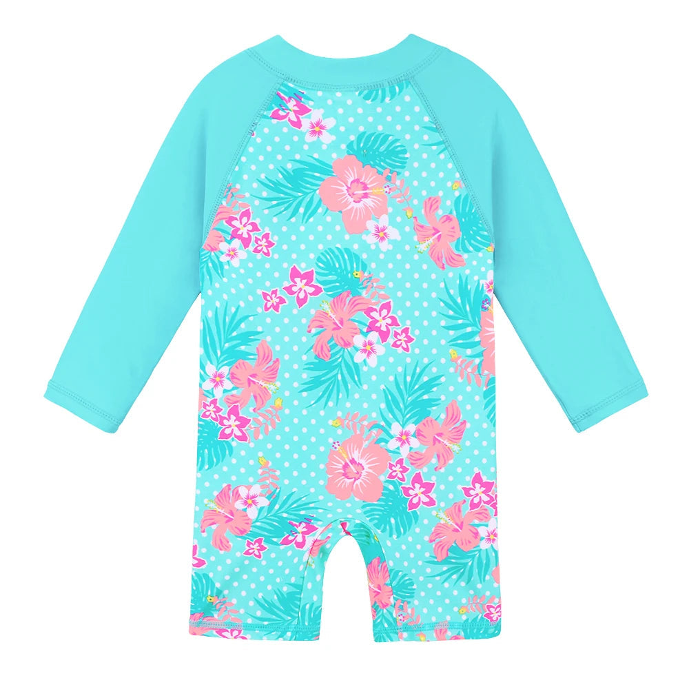 Long-sleeved swimsuit for girls aged 1 month to 6 years, blue floral design, with UPF 50+ protection. Kids UV clothing.