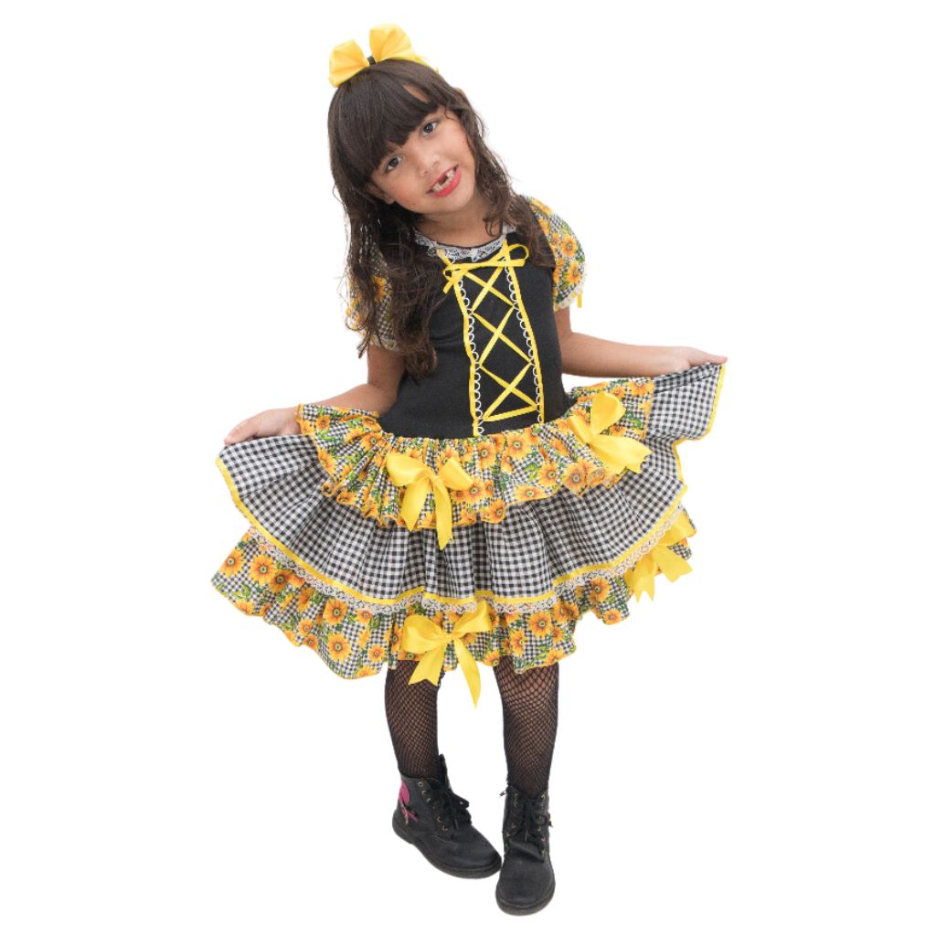 Vestido Quadrilha Junino Caipira Preto e Amarelo Xadrez Infantil Criança Luxo