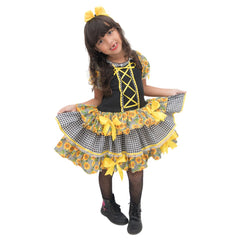 Vestido Quadrilha Junino Caipira Preto e Amarelo Xadrez Infantil Criança Luxo
