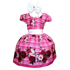 Vestido Quadrilha Junino Caipira Rosa com Flores Xadrez Infantil Criança Luxo
