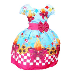 Vestido Quadrilha Junino Caipira Azul estampado Xadrez Infantil Criança Luxo