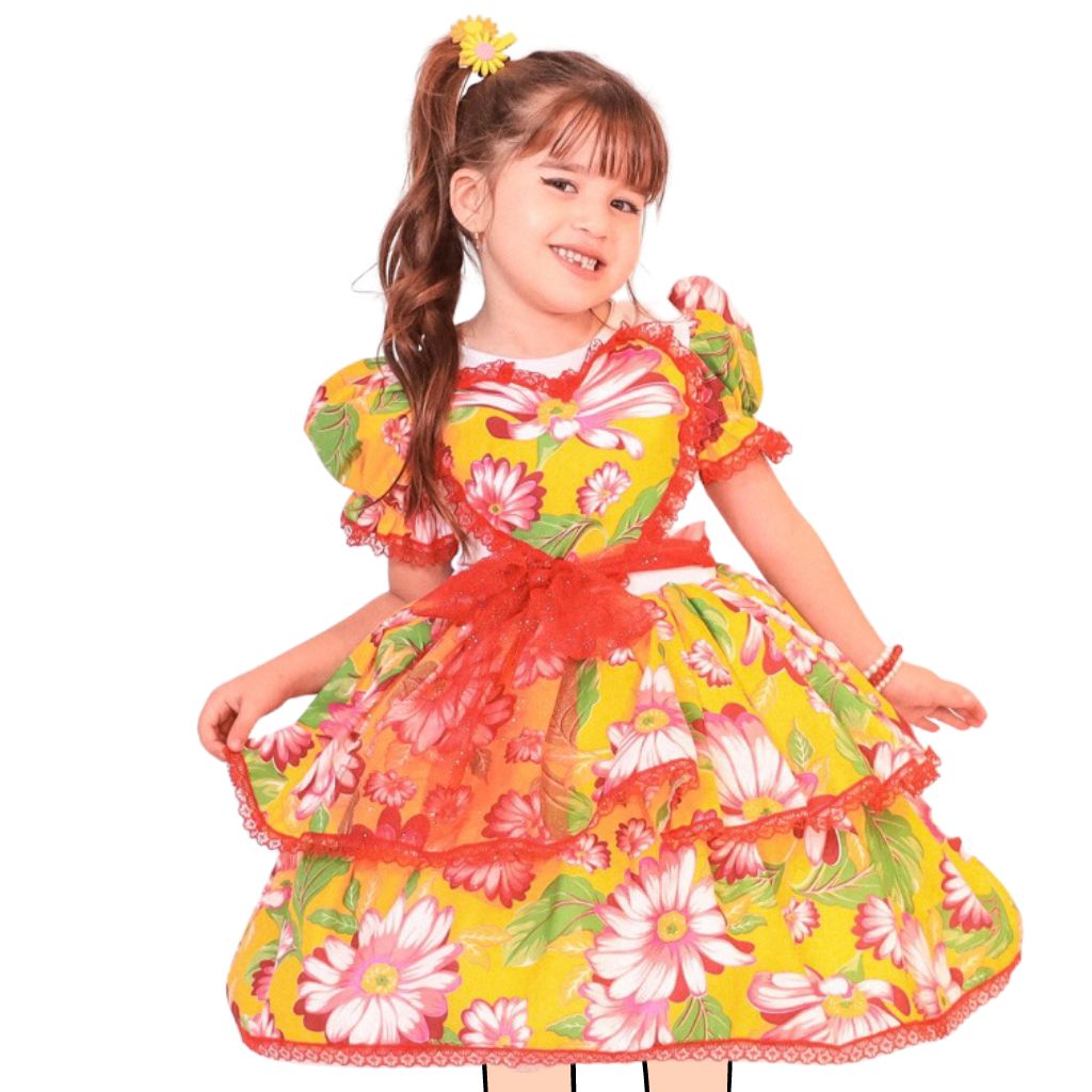 Vestido Quadrilha Amarelo Caipira Junino Florido Infantil Criança Luxo
