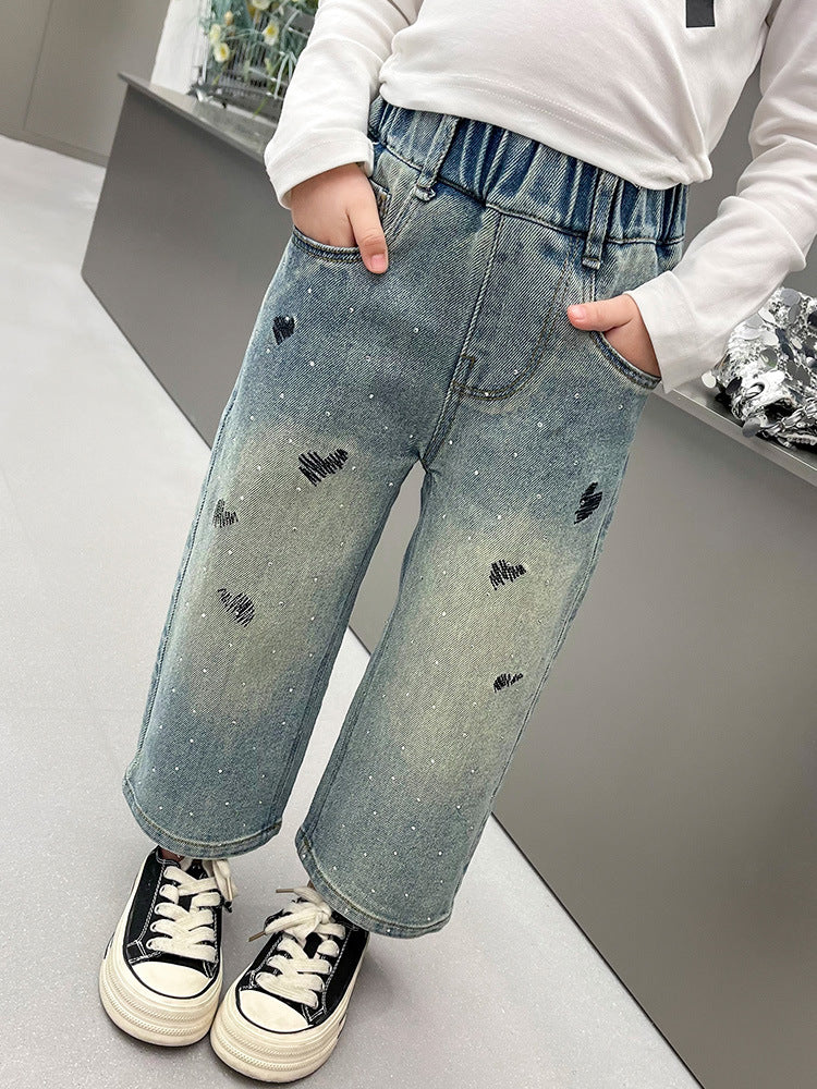 Calça Infantil Feminina Wide Jeans Corações