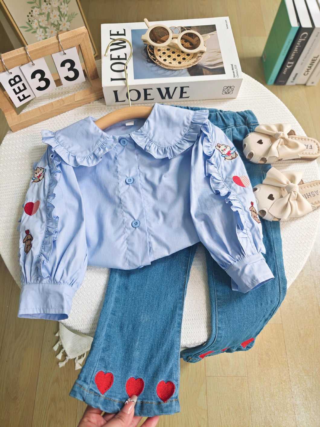 Conjunto Infantil Feminino Camisa + Jeans Corações