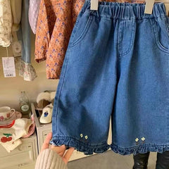 Calça Infantil Feminina Jeans Pantalona Florzinhas