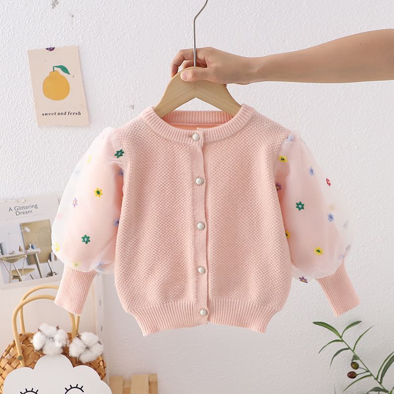 Cardigan Infantil Tricô Manga Florzinhas