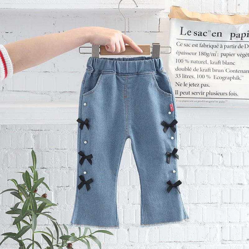 Calça Infantil Feminina Jeans Lacinho e Coraçõeszinhos